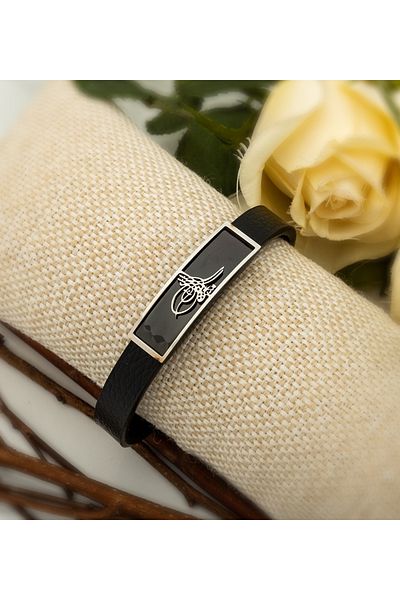 Papatya Silver Steel Tughra Leather Men's Bracelet