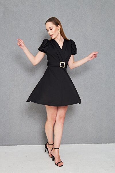 vuvutasarım Women's Black Stone Belt Design Balloon Sleeve Double Breasted Collar Mini Flared Dress 77125