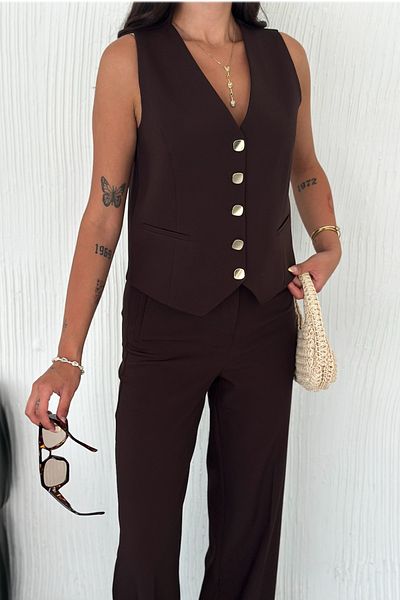 FEMELLE Women's Brown Buttoned Pencil Pants Vest Bottom Top Set