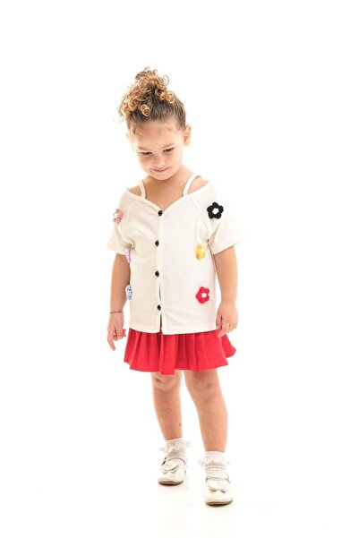 Yalçınoğlu Kids Girl's Floral Appliqued Shirt Pleated Skirt Set I Colorful Flower Detailed I Girl's Set