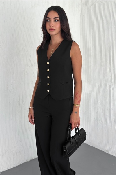 FEMELLE Women's Black Buttoned Pencil Pants Vest Bottom Top Set