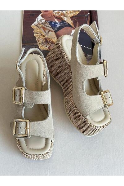 Zuum Rodina 100% γνήσιο δέρμα & σουέντ γυναικεία πέδιλα με σφήνα τακούνι - μπεζ σουέντ