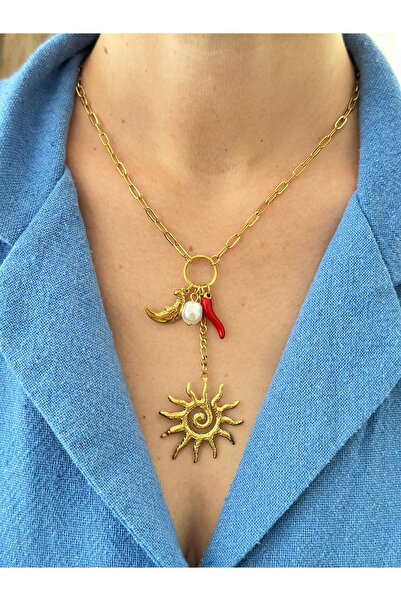 mibrillo Çelik Charm Kolye Yaz Kolye Güneş Inci Ay Ve Kırmızı Biber Kolye