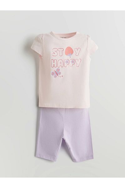 LC Waikiki Lcw Baby Pink Baby Girl Printed T-Shirt and Capri Leggings 2-Pack