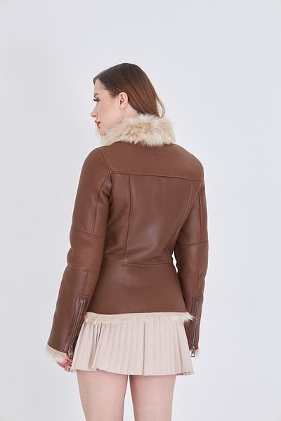 By Marki Marki Women's Genuine Tuscan Fur Coat, Brown, Zippered, 63 Cm, Winter, Luxury Leather Coat - 112122