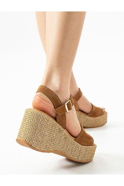 Zuum Sandale pentru femei Elora 100% piele naturală și piele de căprioară cu toc pană - piele de căprioară maro