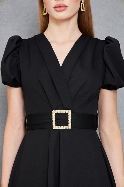vuvutasarım Women's Black Stone Belt Design Balloon Sleeve Double Breasted Collar Mini Flared Dress 77125