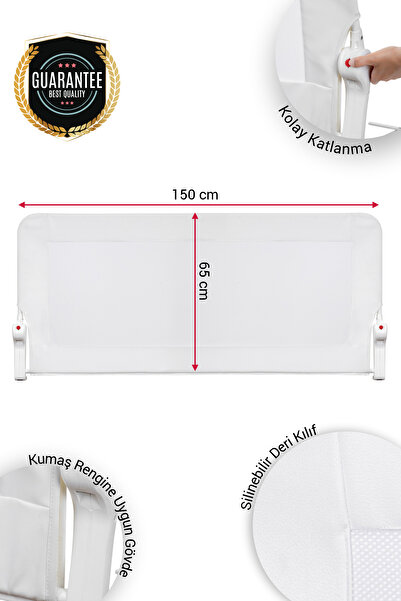 Wellgro Premium 150X65 cm Bed Barrier with Leather Cover, Folding Bed Rail, White