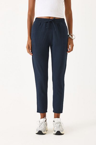 VENA Alian Elastic Waist Seersucker Striped Beach Trousers - Dark Blue Striped