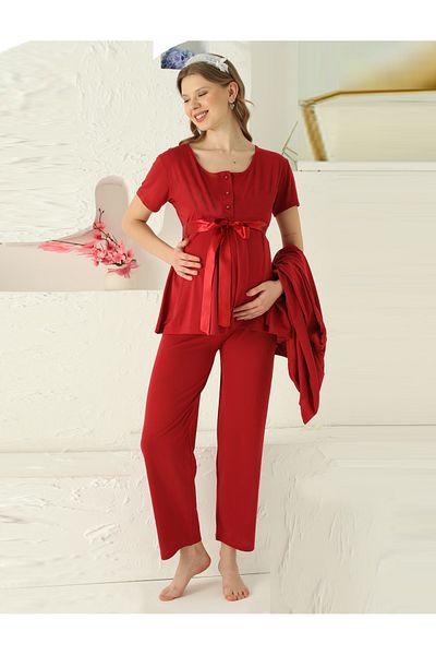 JENİKA Maternity Round Neck Openable Button Sleeves Lace Detail Satin Belted 3-Piece Pajama Set