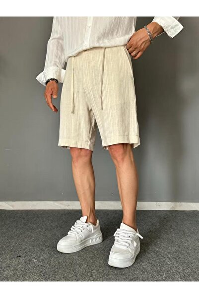 MENOFOURSWEAR Striped Linen Fabric White Bermuda Shorts