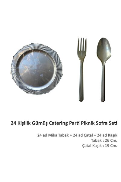 omeyva Gümüş Mika Sorfa Sunum Piknik Seti - Sert Mika Plastik - 24 Kişilik Tabak Çatal Kaşık Takımı