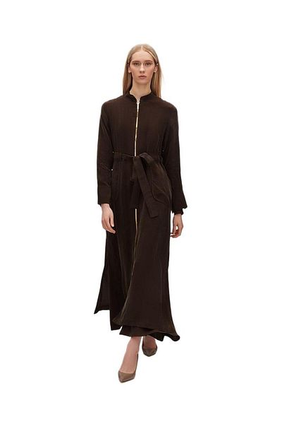 MISS DALIDA Brown Pocket Quilted Long Cupro Jacket T25Y-8006