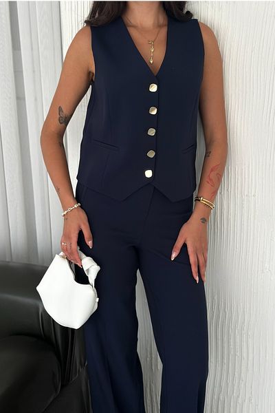 FEMELLE Set de pantaloni cu nasturi bleumarin pentru femei, vestă, partea de jos