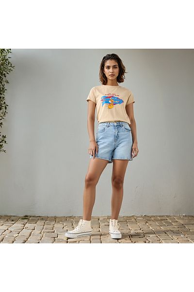 SP Characters Tom & Jerry Print Cropped T-shirt with Crew Neck