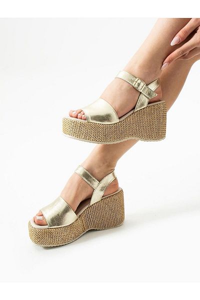 Zuum Sandale pentru femei Elora 100% piele naturală și piele de căprioară cu toc pană - piele rustică aurie