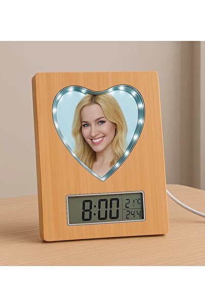 Bk Gift Kişiye Özel Fotoğraflı Led Işıklı Kapli Sihirli Ayna Bambu Saat Takvi...