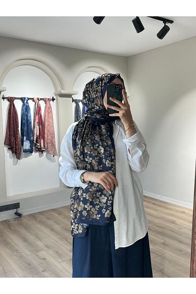 Merwiss Blom Pattern Soft Navy Blue-Brown Shawl