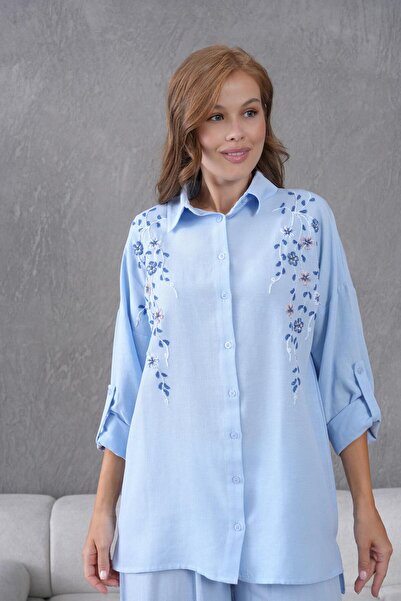 BURRASCA NAKIŞ İŞLEMELİ TAŞLI KETEN GÖMLEK