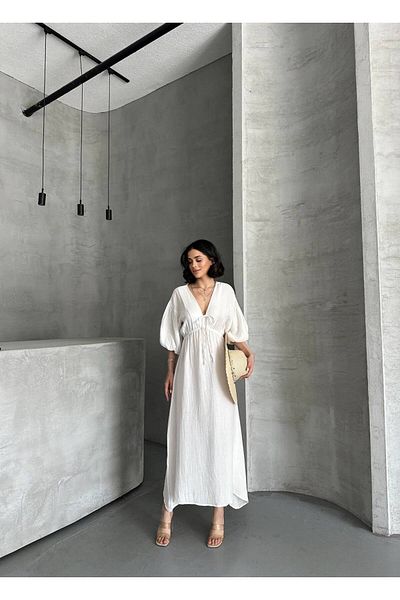 SUN STYLE Φόρεμα 100% βαμβακερό μουσελίνα βαμβακερό ελαστικό εκρού - χρώμα εκρού