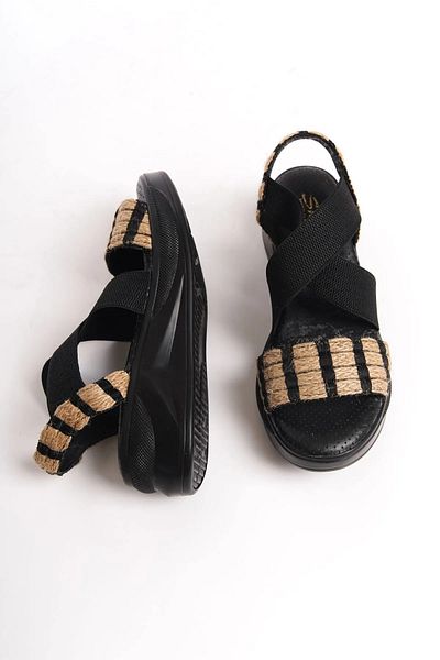 Shoesers Sandale elastice acoperite cu material din paie, cu talpă ortopedică groasă pentru femei