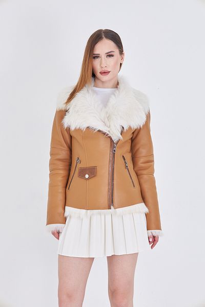 By Marki Marki Women's Genuine Tuscan Fur Coat – Tan, Fit Cut, Zippered, 63 Cm, Winter, Luxury Leather Coat - 112122