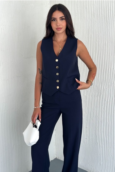 FEMELLE Women's Navy Blue Buttoned Pencil Pants Vest Bottom Top Set