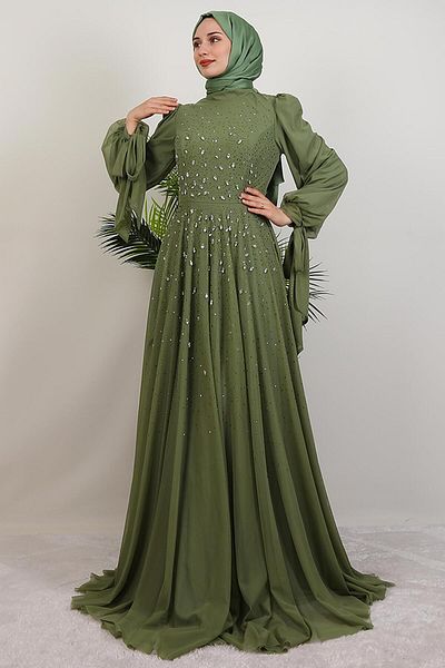GİYZAMİLA Vildan Hijab Evening Dress Soft Green