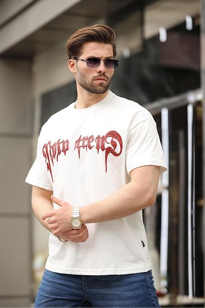 Madmext Ecru Printed 100% Cotton Men's T-Shirt E7141