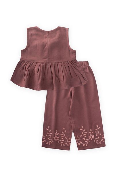 Cigit Embroidered Linen Suit with Pants Plum for 2-7 Years