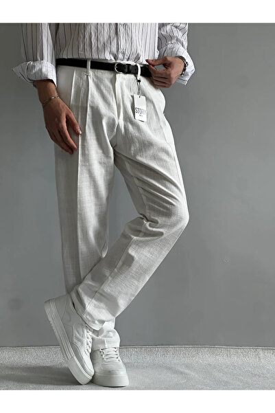 MENOFOURSWEAR Beyaz Ham Keten Premium Baggy Kalıp Pantolon
