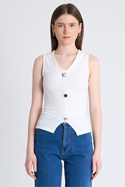 Rays Λευκή αμάνικη μπλούζα με λαιμόκοψη V με λεπτομέρεια 9204M