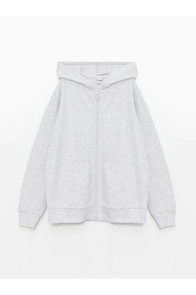 LC Waikiki Lcw Kids Gray Hooded Basic Long Sleeve Girl's Zippered Sweatshirt