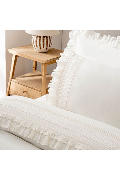 Ecocotton Adelya Battal Size Duvet Cover Set 100% Organic Cotton Linen Embroidered Cream 240X220 cm