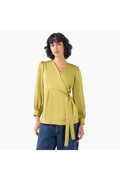 Iconic Iconic V-neck Wrap Top with Long Sleeves and Tie-Up Detail