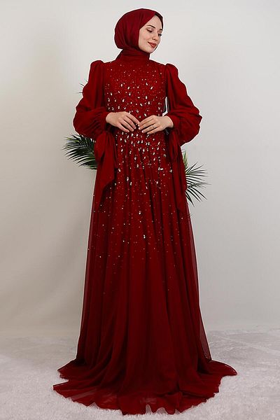 GİYZAMİLA Vildan Hijab Evening Dress Burgundy
