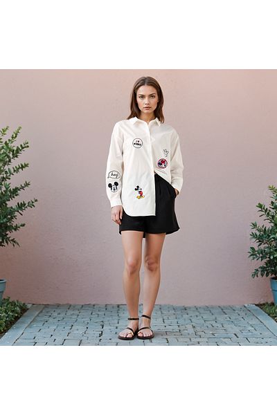 SP Characters Mickey Mouse and Minnie Mouse Print Oversized Shirt with High-Low Hem