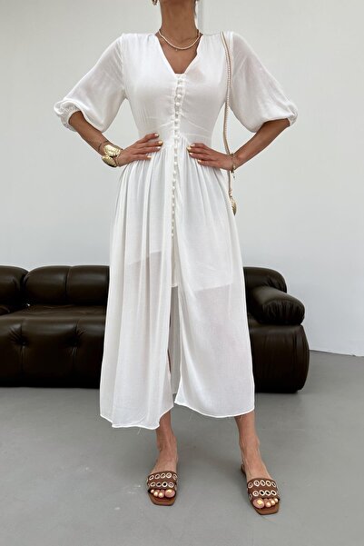 mylove Crinkle Button Dress Ecru