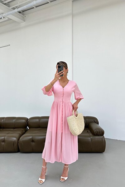 mylove Krinkıl Düğmeli Elbise Pembe