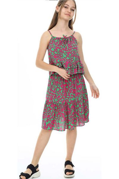 İrem Çocuk Giyim Girl's Strappy Writing Patterned Blouse Skirt Set