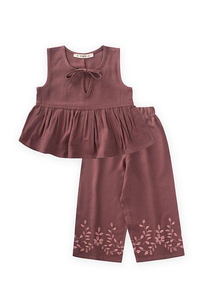 Cigit Embroidered Linen Suit with Pants Plum for 2-7 Years
