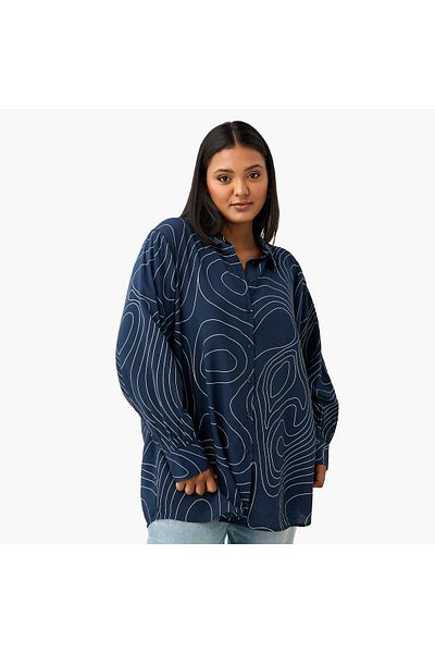 Ulla Popken Plus Size Ulla Popken Printed Shirt with Long Sleeves