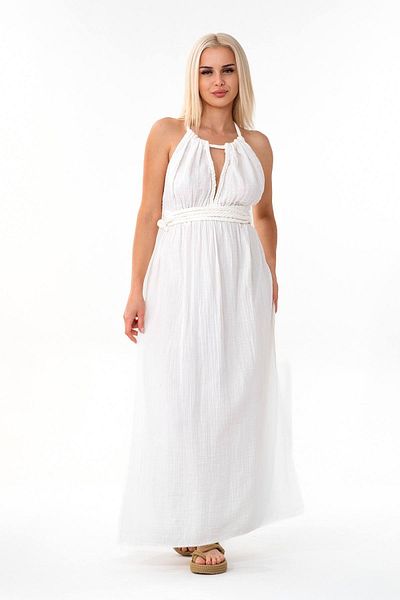 Fashion Showcase Muslin Summer Dress Knitted Detail 100% Cotton Natural Fabric Ecru