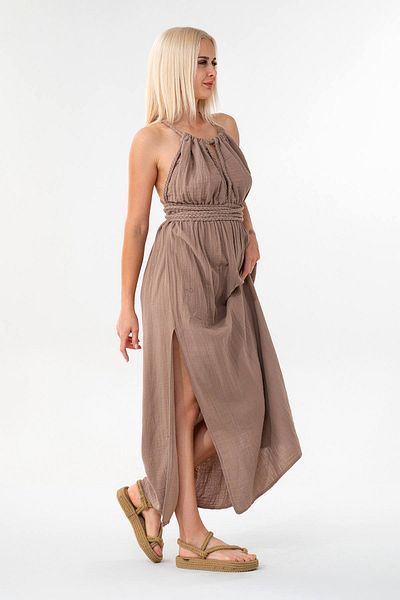 Fashion Showcase Muslin Summer Dress Knitted Detail 100% Cotton Natural Fabric Mink
