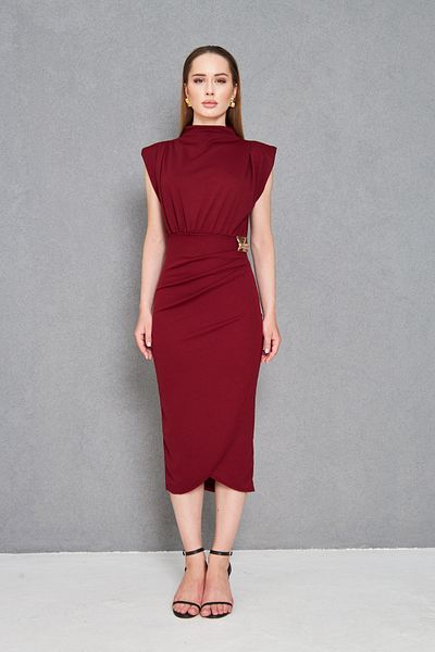 Secret Passion Lingerie Women's Burgundy Crepe Fabric Stand Collar Accessory Detailed Draped Midi Dress 4409