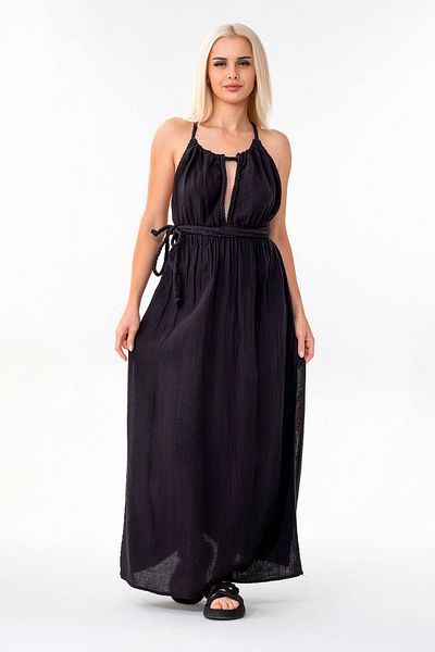 Fashion Showcase Muslin Summer Dress Knitted Detail 100% Cotton Natural Fabric Black