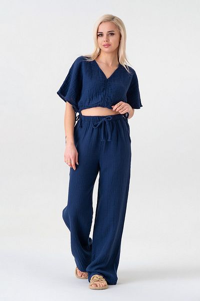 Fashion Showcase Muslin 100% Natural Fabric V-Neck Adjustable Waist Crop Navy Blue