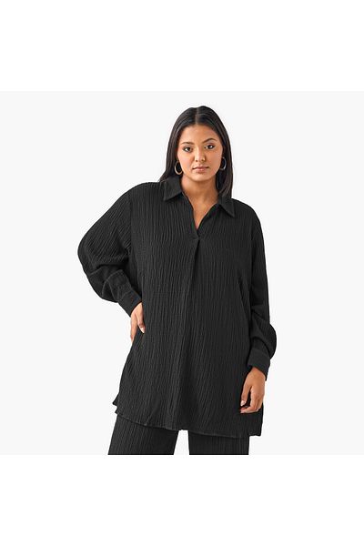 Ulla Popken Plus Size Ulla Popken Regular Fit Textured Shirt with Long Sleeves