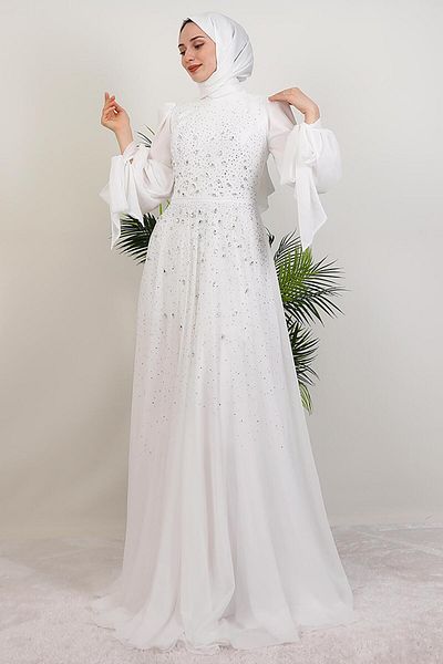 GİYZAMİLA Vildan Hijab Evening Dress White