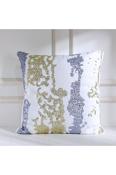 Danube Home Gleam Embroidered Cushion Cover-White/Grey/Gold-45x45 cm | Polyester